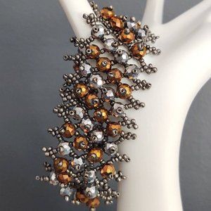 Gray seed bead, silver and copper beaded bracelet
